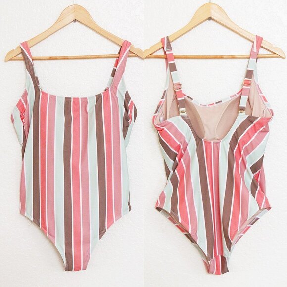 Kona Sol Scoop Neck Mint Mauve Vertical Striped Builtin Bra One Piece Swimsuit L - Picture 10 of 10